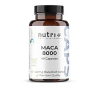 Nutri + Maca Caps Gold 8000 - alta Dosis + veganas - Extracto original 20:1 (Polvo de Raíz) - 60 Cápsulas de Maca - probadas en Laboratorio para Hombres y Mujeres