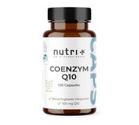 nutri + Q10 Cápsulas veganas de alta Dosis - 120 Caps con 100 mg de Coenzima Q10 por Cápsula - Ubiquinol de Fermentación sin Aditivos innecesarios
