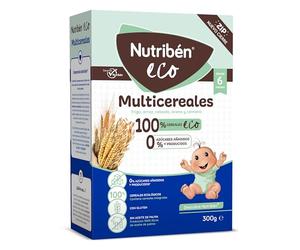 Nutribén EcoPapilla Multicereales | 300 g | Alimento para Bebés a partir de 6 meses | 0% azúcares añadidos | Cereales Ecológicos, Trigo, Arroz, Avena, Cebada y Centeno | Sin aceite de palma