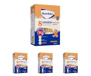 Nutribén Papilla 8 Cereales con un Toque De Miel y Galletas María, 1000g, Sin azúcares añadidos, Sin Aceite de Palma, Alimento para Bebés, desde los 6 Meses (Paquete de 4)