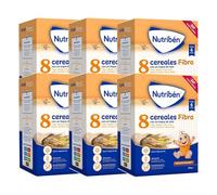 Nutribén Papilla 8 Cereales Miel y Fibra, Cereales Bebé 6m+, Pack 6x600g | Fuente de calcio y vitamina D para los huesos y de fibra para el tránsito intestinal. Fácil disolución