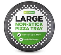 NutriChef Bandeja para pizza de 32 cm, perforada, antiadherente, de acero al carbono, con mango de silicona, color gris