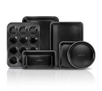 Nutrichef bandejas horno, Set de 6, Incluye: bandejas para galletas, Para asar, Molde para magdalenas, Pan y pasteles, Mangos de silicona, Apilables, Acero al carbono resistente, Antiadherente