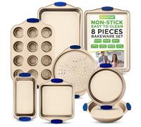 NutriChef Bandejas para Hornear del Horno de Cocina - Set de Utensilios de Repostería con Revestimiento Dorado Antiadherente por Dentro y por Fuera, Acero al Carbono con Manijas de Silicona Azul