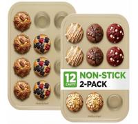 NutriChef Bandejas para magdalenas, paquete de 2 moldes antiadherentes aptos para lavavajillas, 12 tazas para hornear, bandeja para pudín Yorkshire, moldes redondos para hornear, acero al carbono