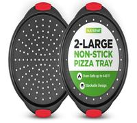 NutriChef Bandejas para pizza, Set de 2, 13”, Mango de silicona, Redonda antiadherente, Acero con agujeros perforados