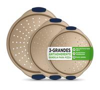 NutriChef Bandejas para Pizza, Set de 3, Tamaños Pequeño, Mediano y Grande, Mango de Silicona, Redondas Antiadherentes, Acero con Agujeros Perforados