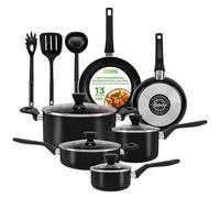 Nutrichef bateria de cocina, 13 piezas, Tapas Antiadherentes, Resistentes al calor, Cacerola, Sartenes, Ollas, Cazuela, Cucharon, Tenedor y Colador, Color negro