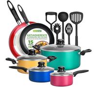 NutriChef bateria de Cocina, 15 Piezas, Coloridas, Tapas Antiadherentes, Libres de PTFE/PFOA/PFOS, Resistentes.