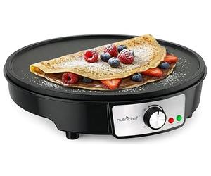 NutriChef crepera electrica, Plancha de cocina, Placa antiadherente, Luces indicadoras LED, Control de temperatura ajustable, Incluye espatula de madera y esparcidor de masa