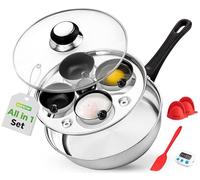 Nutrichef escalfador de huevos, Sarten para pochar, Acero inoxidable, 4 tazas antiadherentes, Tapa de vidrio, Temporizador, Guante de horno y espatula, Compatible con induccion, Egg poacher
