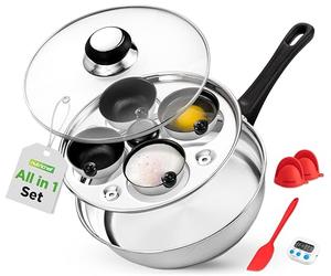 Nutrichef escalfador de huevos, Sarten para pochar, Acero inoxidable, 4 tazas antiadherentes, Tapa de vidrio, Temporizador, Guante de horno y espatula, Compatible con induccion, Egg poacher