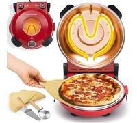 NutriChef Horno de pizza eléctrico - Pizza Maker con Control de Temperatura y Termómetro, Ventana de visualización, Calienta a 425°C, Ladrillo Antiadherente, Fácil de Limpiar - Rojo