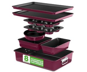 Nutrichef juego 8 moldes apilables, Bandejas, Libres de PFOA, PFOS, PTFEE, Utensilios horno hasta 232°C, Baking set, Antiadherentes, Color burdeos