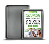 NutriChef Juego de 2 Bandejas para Hornear NutriChef - Antiadherentes, Tamaño Grande y Mediano, Acero al Carbono, Apilables y Fáciles de Limpiar (Gris)
