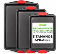 Nutrichef juego de 3 bandejas horno, Pequeña, Mediana, Grande, Baking set, Antiadherentes, Mangos de silicona rojos