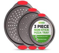NutriChef - Juego de 3 platos para pizza (antiadherente, mango de silicona con agujeros perforados, acero al carbono, duradero, tamaño pequeño, mediano, grande, color gris