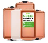 NutriChef Juego de 5 moldes para hornear, sartenes antiadherentes de acero al carbono, bandejas apilables, bandeja de cocina para horno, con asas de silicona, sin PFOA, PFOS, PTFE