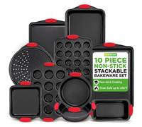 NutriChef Juego de bandejas antiadherentes para hornear de 10 piezas, apilables, aptas para horno, bandeja para galletas, pan, pizza, magdalenas, pasteles, sartenes redondas y cuadradas, bandejas