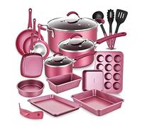 NutriChef Juego de Cocina de 20 Piezas - Batería de Cocina Metálica Antiadherente con Recubrimiento Cerámico, Ollas y Sartenes con Tapas y Utensilios, Color Marrón Rosado