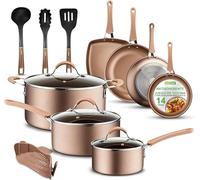 NutriChef Juego de ollas 14 Piezas, Set de sartenes, Carote, Tapas, Utensilios, Antiadherentes, Libres de PFOA/PFOS, Bateria de Cocina, Color Dorado