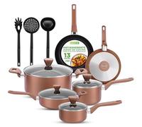 Nutrichef bateria de cocina, 13 piezas, Tapas Antiadherentes, Resistentes al calor, Cacerola, Sartenes, Ollas, Cazuela, Cucharon, Tenedor y Colador, Color marron