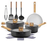 NutriChef juego de utensilios de cocina cerámica de 14 piezas, Ollas y sartenes, Apto para inducción, Tapas de vidrio, Asas de toque frío, Apto para lavavajillas, Incluye Cucharón, Pinzas y espátula