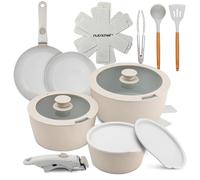 NutriChef Juego de Utensilios de Cocina Cerámica de 18 Piezas con Mangos Desmontables, Ollas y Sartenes Antiadherentes, Revestimiento Cerámico Natural Libre de PTFE, Diseño Ahorrador de Espacio, Crema