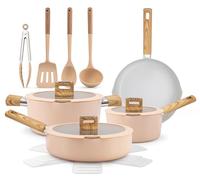 NutriChef juego de utensilios de cocina cerámica de 14 piezas, Ollas y sartenes, Apto para inducción, Tapas de vidrio, Asas de toque frío, Apto para lavavajillas, Incluye Cucharón, Pinzas y espátula