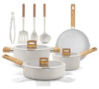 NutriChef juego de utensilios de cocina cerámica de 14 piezas, Ollas y sartenes, Apto para inducción, Tapas de vidrio, Asas de toque frío, Apto para lavavajillas, Incluye Cucharón, Pinzas y espátula