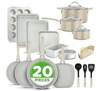 NutriChef Juego de Utensilios de Cocina y Horneado Antiadherentes de 20 Piezas - Utensilios Incluyendo Ollas y Moldes para Hornear de Aluminio Resistente, Tapa de Vidrio Reforzado (Blanco)