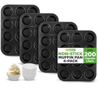 NutriChef Moldes para magdalenas para hornear, 4 unidades, antiadherentes, 12 moldes para cupcakes, bandejas apilables de acero al carbono, aptas para lavavajillas y horno, incluye 200 forros de papel