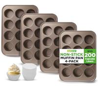 NutriChef Moldes para magdalenas para hornear, 4 unidades, antiadherentes, 12 moldes para cupcakes, bandejas apilables de acero al carbono, aptas para lavavajillas y horno, incluye 200 forros de papel