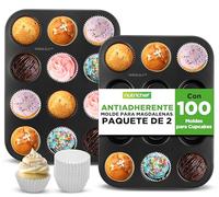 NutriChef moldes para muffins y cupcakes, Pack de 2, Bandejas antiadherentes de 12 Cavidades, Acero al Carbono, Aptas para horno y lavavajillas, Incluye 100 Moldes de Papel
