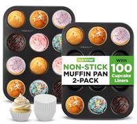 Nutrichef Muffin Pans for Baking 2-Pack | Nonstick 12 Mold Cupcake Tins | Carbon Steel Stackable Cup Cake Trays | Dishwasher & Oven Safe | Includes 100 Parchment Paper Liners