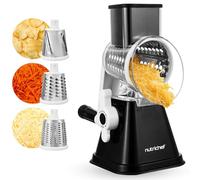 Nutrichef rallador de manivela y desmenuzador de queso 3 en 1, Base de succion fuerte, Mango giratorio con bloqueo de seguridad, Incluye tres cilindros intercambiables: fino, medio y tiras