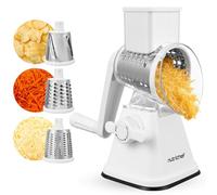 Nutrichef rallador de manivela y desmenuzador de queso 3 en 1, Base de succion fuerte, Mango giratorio con bloqueo de seguridad, Incluye tres cilindros intercambiables: fino, medio y tiras