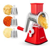 Nutrichef rallador de manivela y desmenuzador de queso 3 en 1, Base de succion fuerte, Mango giratorio con bloqueo de seguridad, Incluye tres cilindros intercambiables: fino, medio y tiras