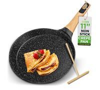 NutriChef Sartén para Crepas de 11” Anti-Adherente con Esparcidor de Madera, Sartén para Dosa con Revestimiento de Mármol Duradero, Mango de Bakelita y Madera con Fondo para Inducción