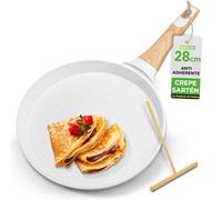 NutriChef sartén para crêpes 28 cm antiadherente - apta para inducción, recubrimiento de mármol crema, mango de baquelita y madera, incluye esparcidor de madera
