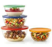 NutriChef set de 4 boles, Ensaladeras de cristal con tapa hermética, Apilables, Aptos para microondas, Horno, Lavavajillas y congelador, 4 tamaños