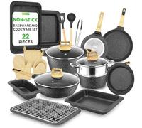 NutriChef set de cocina y repostería de 22 piezas Mármol negro - Cocina profesional en casa con ollas, sartenes de varios tamaños y utensilios resistentes al calor