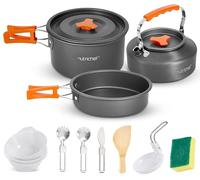 NutriChef Set de Utensilios de Cocina para Acampada - Ollas, Sartenes, Utensilios, Tazones,Cubiertos y Herramientas de Limpieza Anti-adherentes con Bolsa de Malla, Asas Plegables, Diseño Compacto para