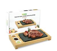 NutriChef Sizzle Juego de Cocina con Piedra Caliente - Parrilla de Mesa con Bandeja de Bambú, Cuencos de Salsa de Cerámica y Bandeja de Acero Inoxidable
