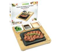 NutriChef Sizzle Juego de Cocina con Piedra Caliente - Parrilla de Mesa con Bandeja de Bambú, Cuencos de Salsa de Cerámica y Bandeja de Acero Inoxidable