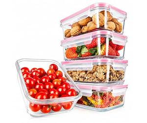 NutriChef tuppers de cristal herméticos con orificio de aire, 5 recipientes apilables y 5 tapas, Aptos para microondas, Horno y congelador, Sin BPA
