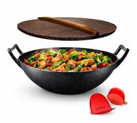 NutriChef wok de hierro fundido, Sarten, Antiadherente, Tapa de madera, Para todo tipo de cocinas