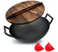 NutriChef wok de hierro fundido, Sarten, Antiadherente, Tapa de madera, Para todo tipo de cocinas