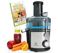Nutrilovers *Ganador de la prueba* Quick Juicer - Exprimidor de frutas y verduras de acero inoxidable I XXL para zumos de frutas enteras, 800 W, 2 velocidades, sin BPA, incluye botella + libro de