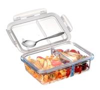 NUTRIUPS 1L Recipientes de Vidrio, Cajas Bento de Cristal con 2 Compartimentos, con Cuchara de Acero Inoxidable, Apto para Microondas y Horno (NO LAS TAPAS)-Rectangular